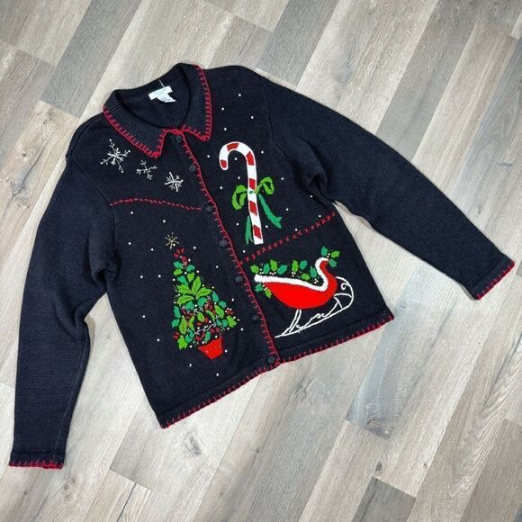Vintage Ship N Shore Sport Christmas Cardigan Embellished Ugly Sweater Black - Picture 2 of 10